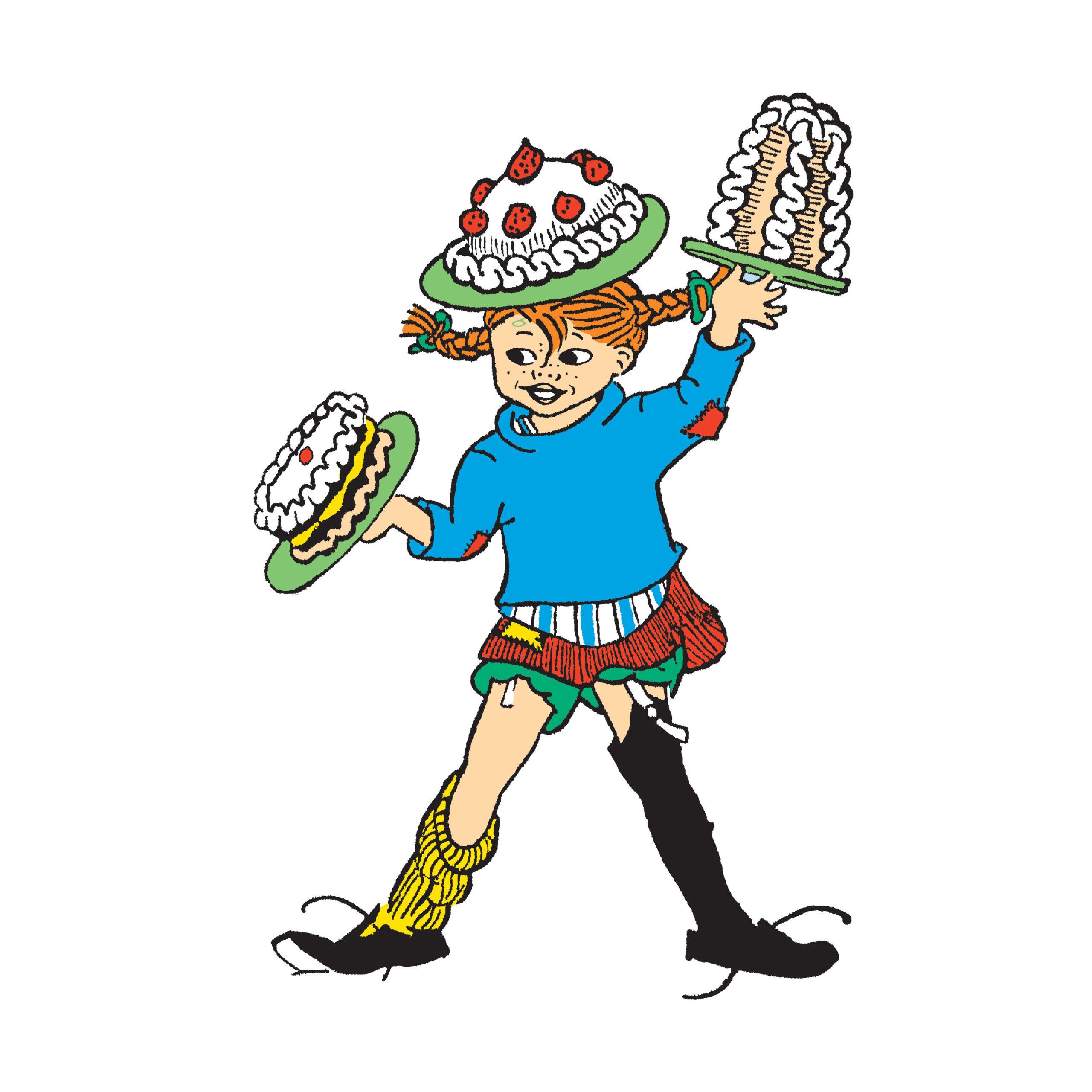 An illustration of Pippi Longstocking with three cakes – one on her head and one in each hand.