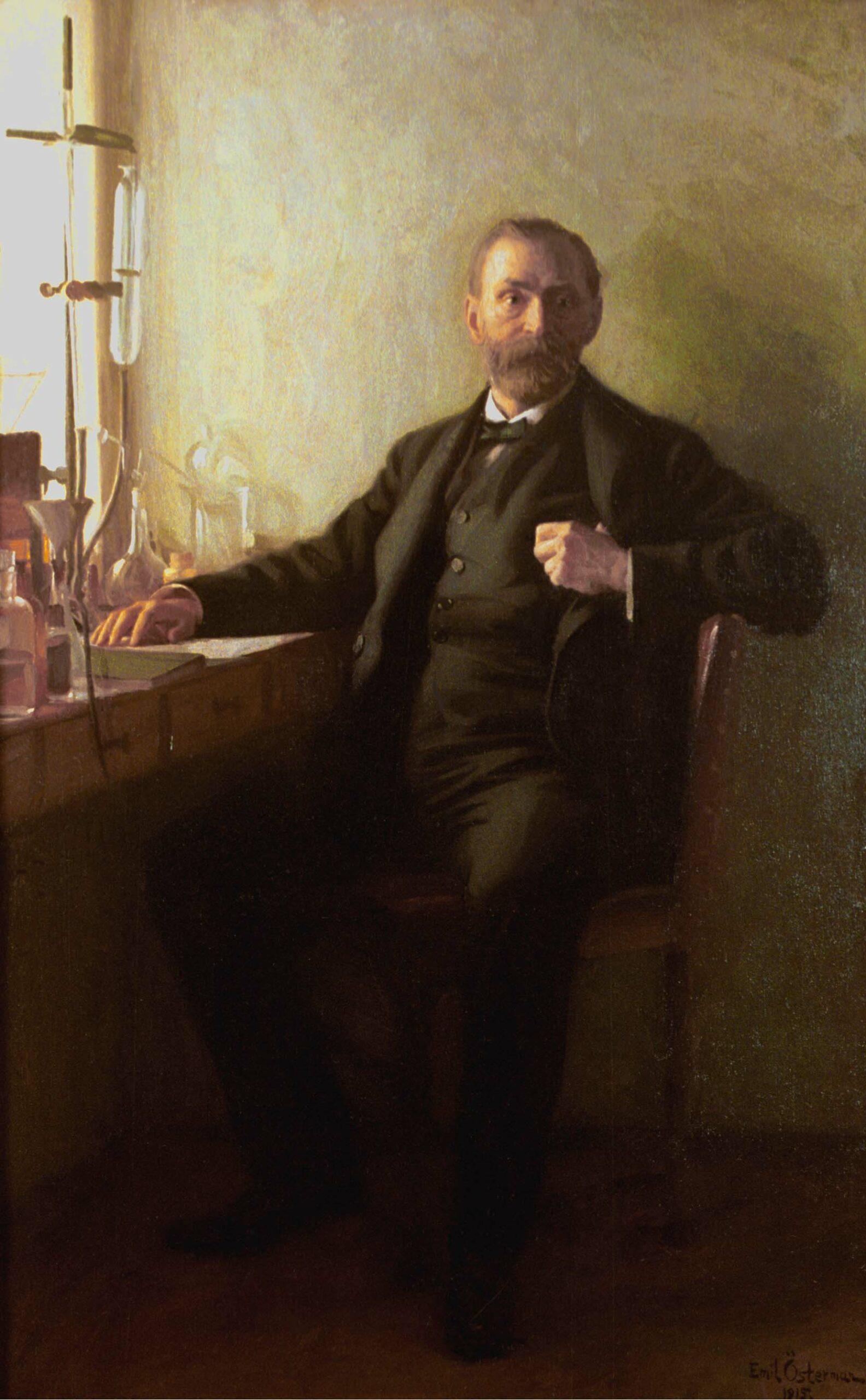 A painting of inventor Alfred Nobel by a window.