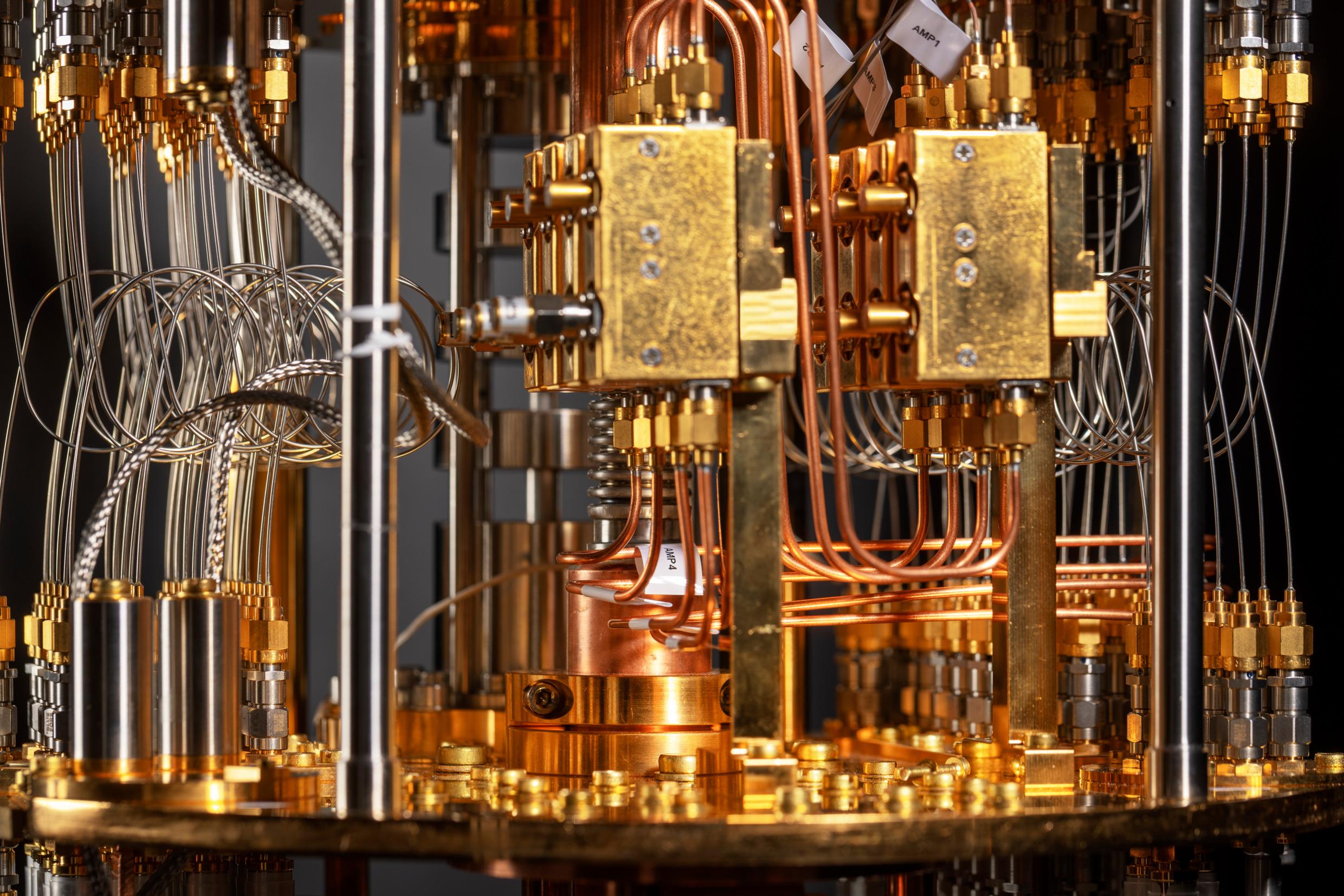 Close-up of a cooling system for a quantum computer.